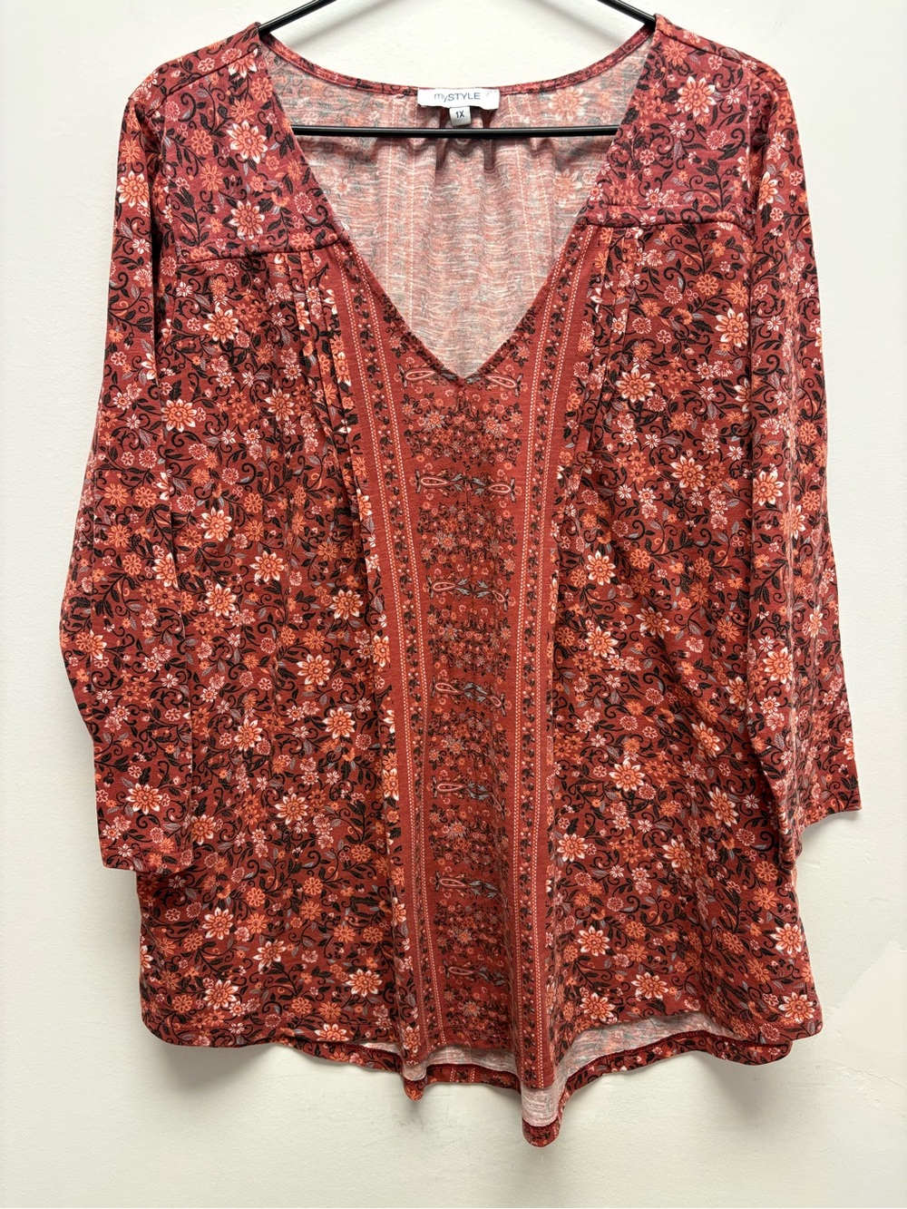 4 for $25 🌺 mySTYLE Rust Floral Boho V-Neck Long Sleeve Tunic Top – Size 1X
